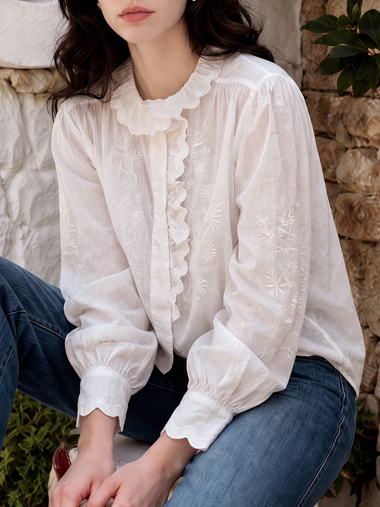 Scalloped Floral Embroidery Long Sleeve Cotton Blouse