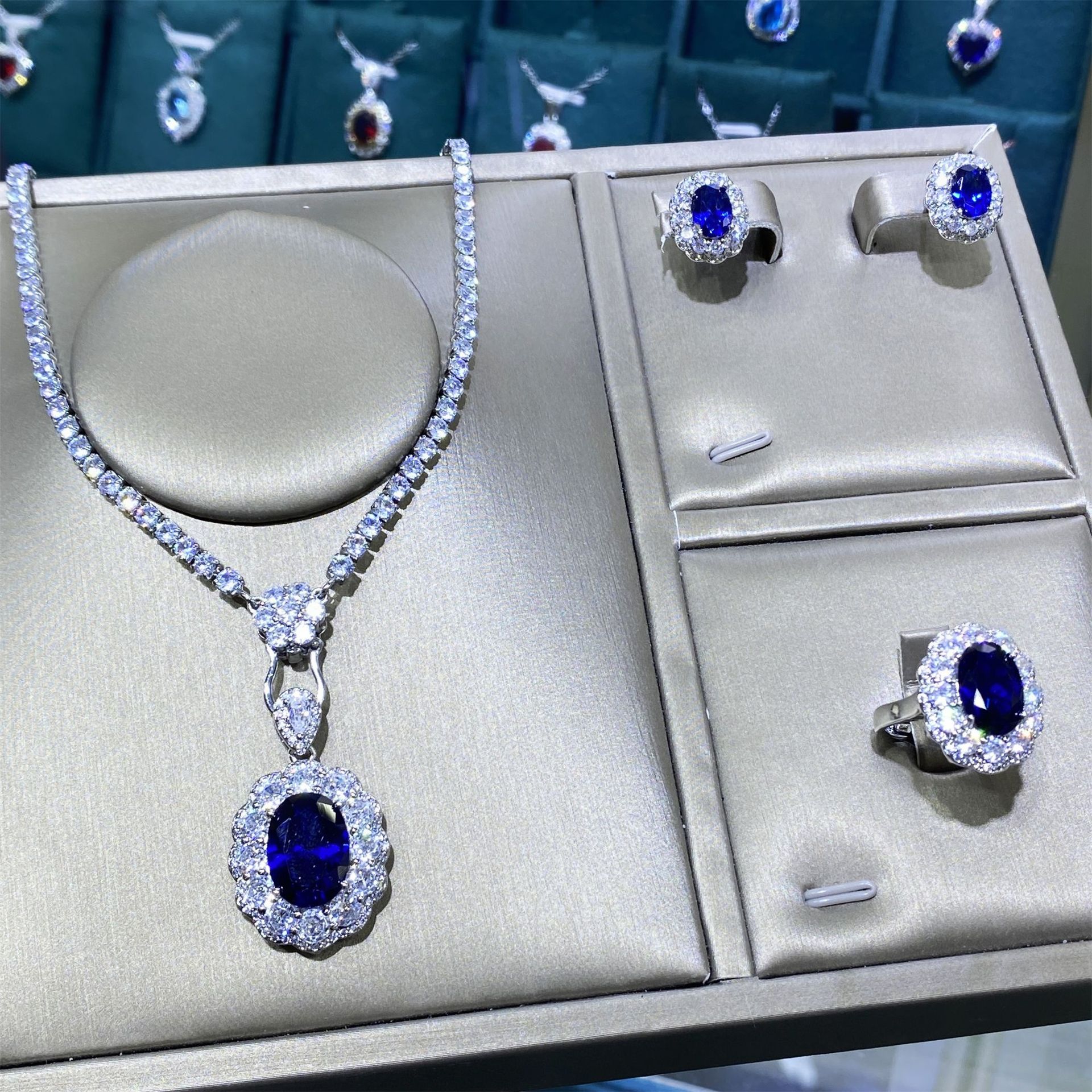 Bottom 113 Blue Pointed Crystal Blue Corundum Full Diamond Luxury Open Ring Women's Elegant Pendant Earrings Threepiece Set