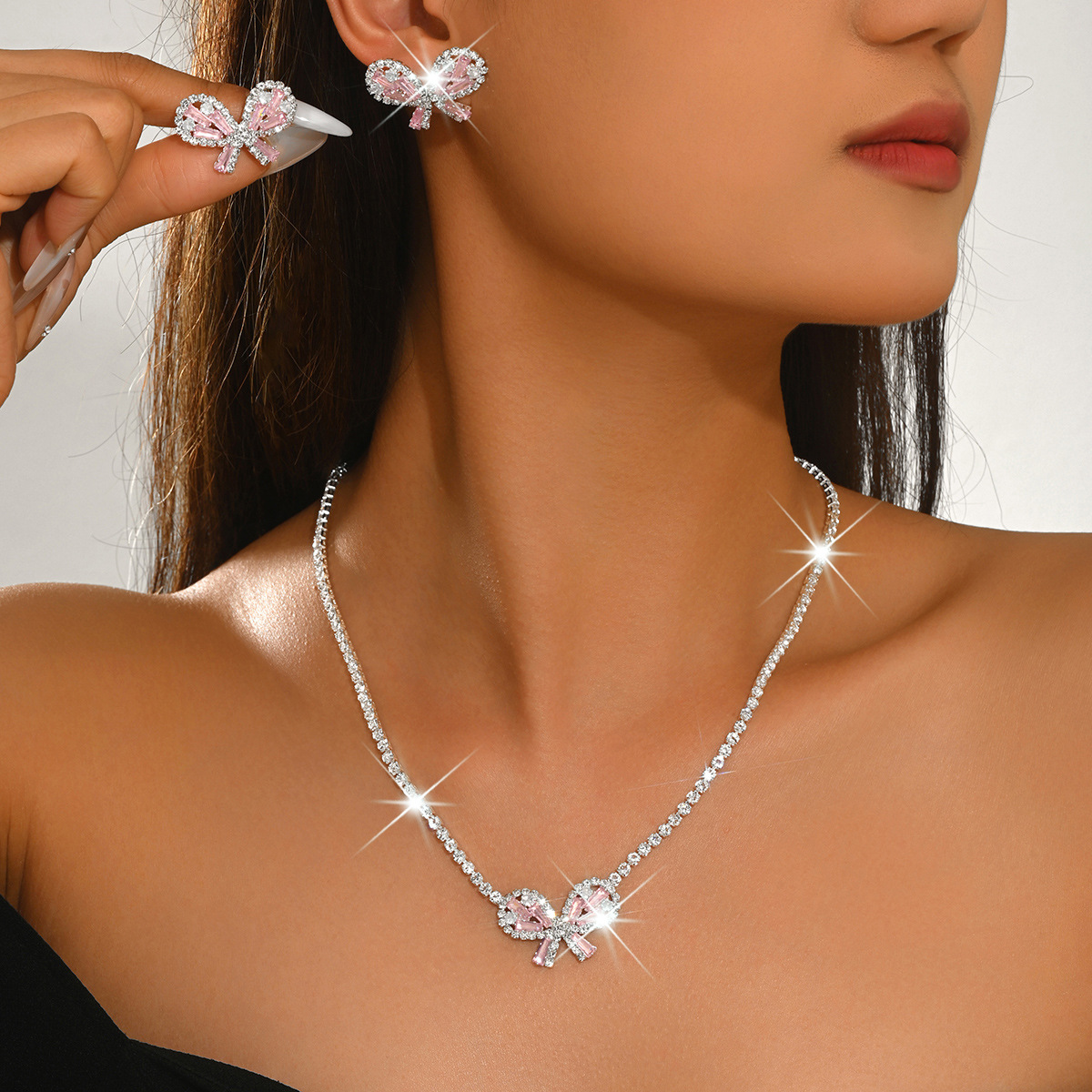 Fairy-Like Eco-Friendly Rhinestone Zircon Butterfly Earring And Necklace Set, Fashionable Cross-Border New Style Sweet Girl Heart Clavicle Chain
