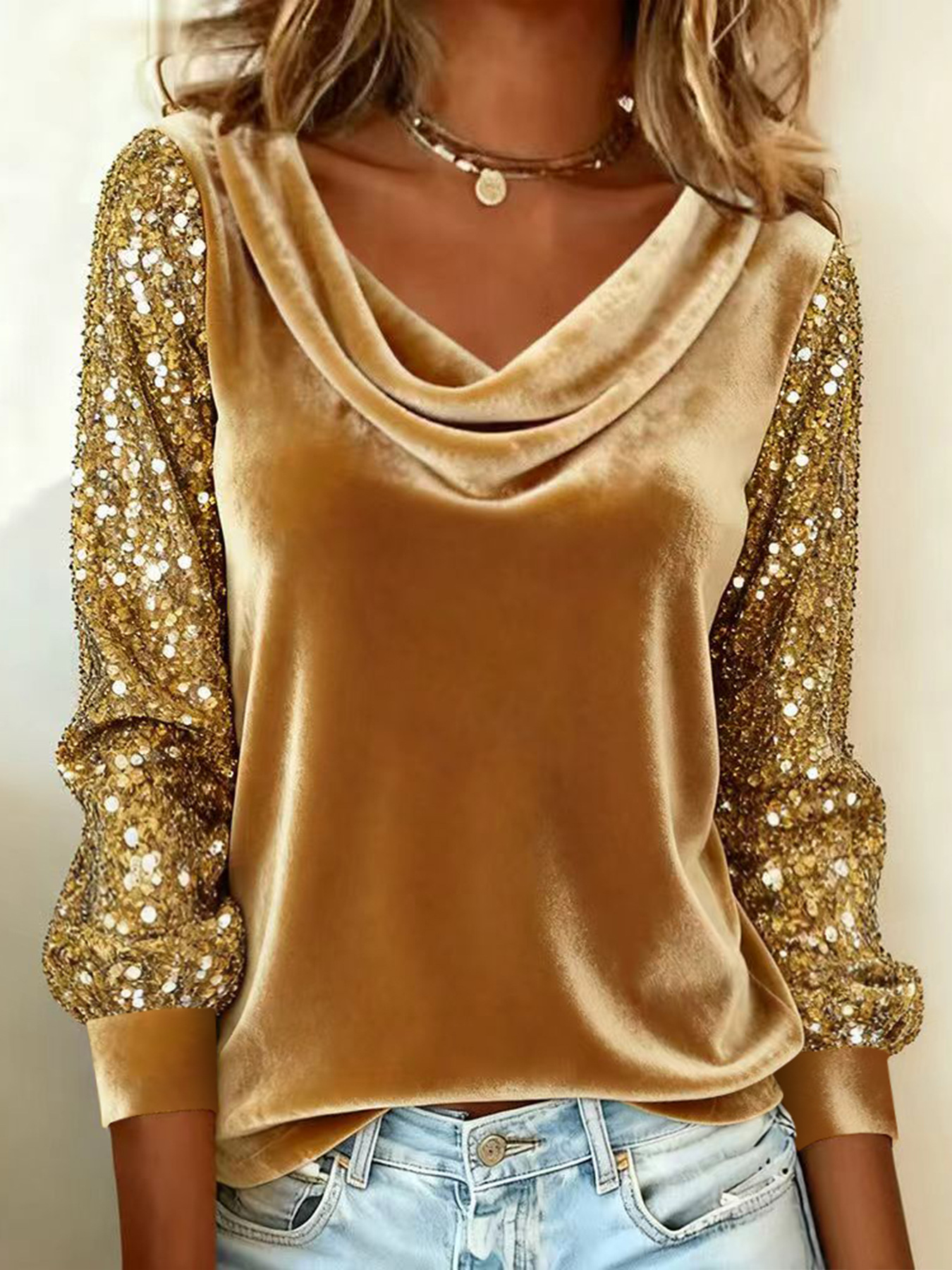 2026 European And American-Style Fashion Women's Velvet Ruffled Collar Sequin Patchwork Long-Sleeve T-Shirt Top