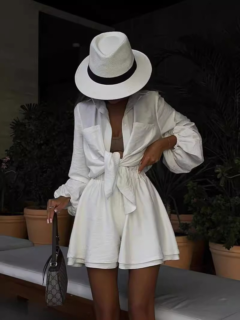 Summer European And American Women's Clothing Amazon Cross-border Long-sleeved Top Ruffled Shorts Casual Fashion Suit Women