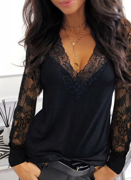 2026 Autumn New European And American Women's Sexy Lace Splicing V-neck Perspective Long Sleeve T-shirt — photo 1