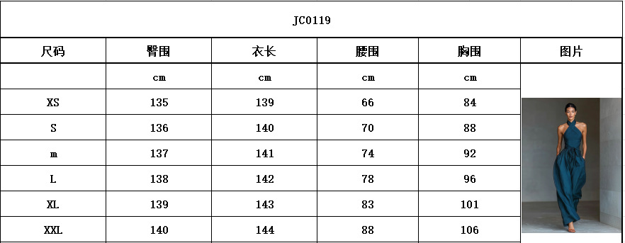Original size chart for linen cross-strap wide-leg jumpsuit