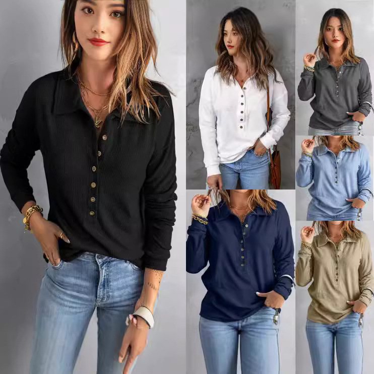 Women's Polo Collar Long Sleeve Henley Shirts