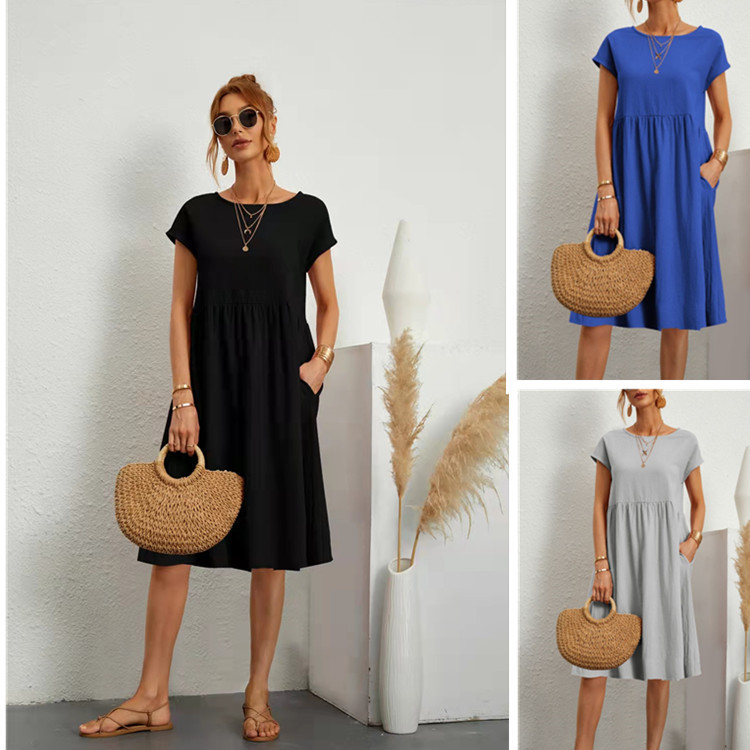 Women Cotton Linen A Line Dress Summer Elegant Round Neck Plus Size Loose Casual Dress