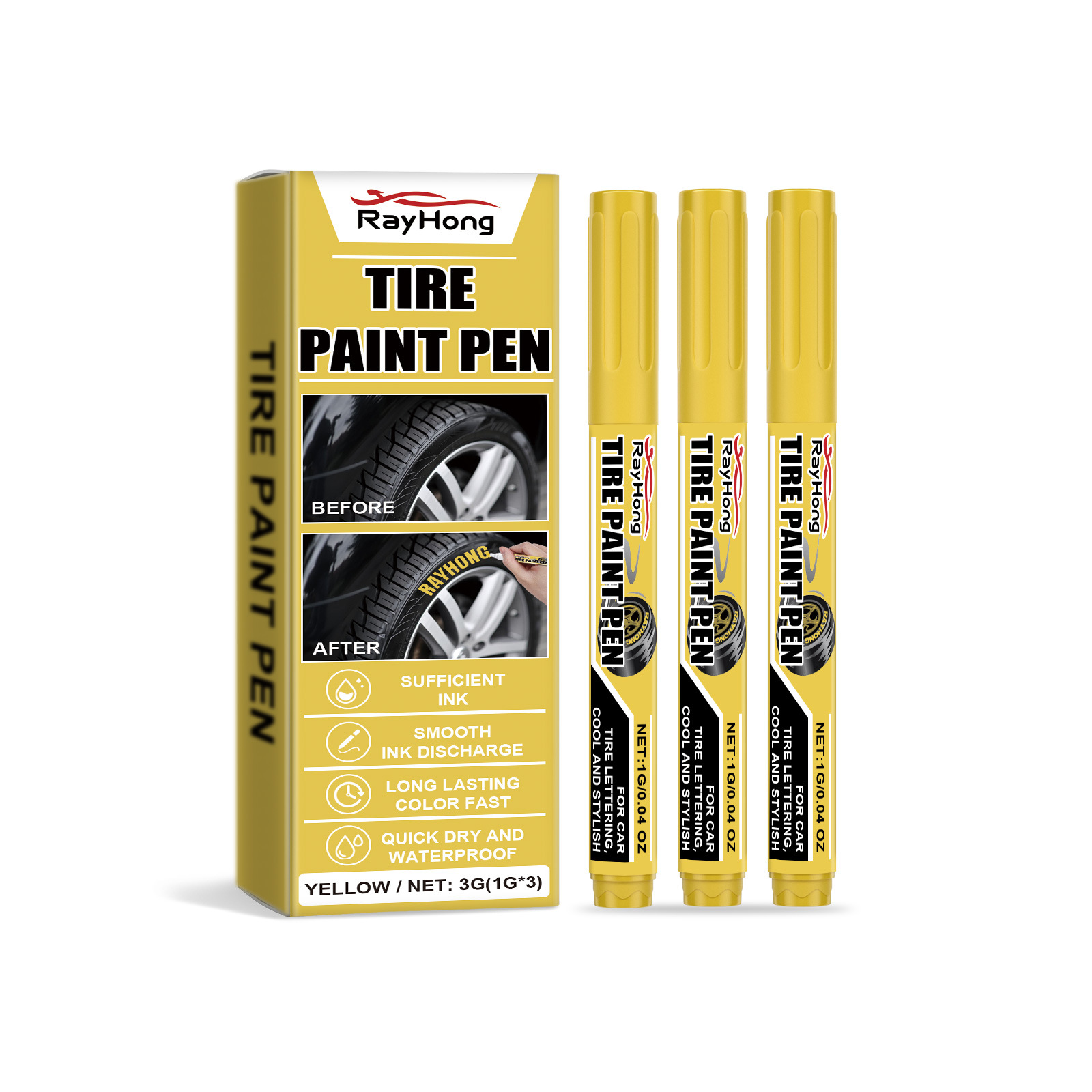Rayhong Yellow Car Tire Paint Pen Car Tire Art Painting Waterproof Long-Lasting Oil-Based Pen