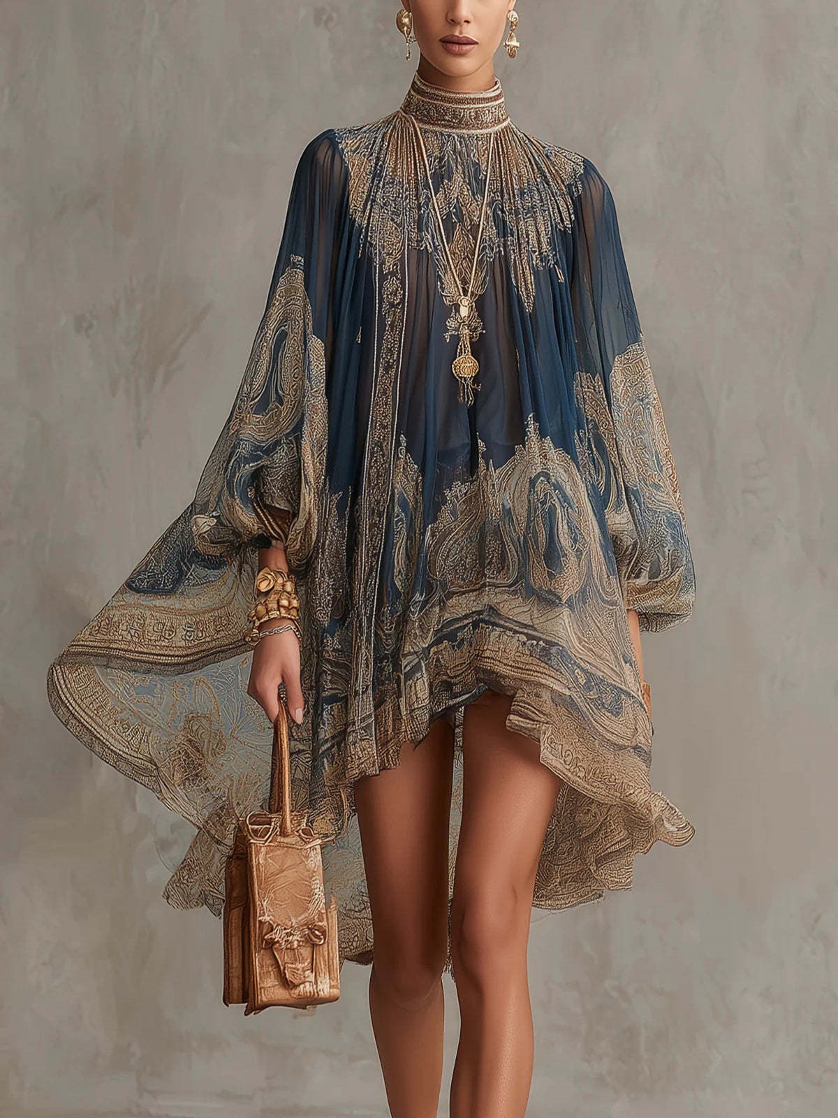 New European And American Style High-Neck Printed Chiffon Dress Loose Holiday Style Shawl Long-Sleeved Women's Dress