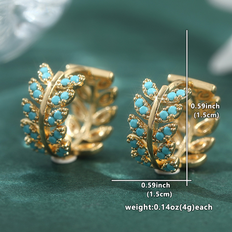 Elegant Blue Bead Leaf Hoop Earrings Gold