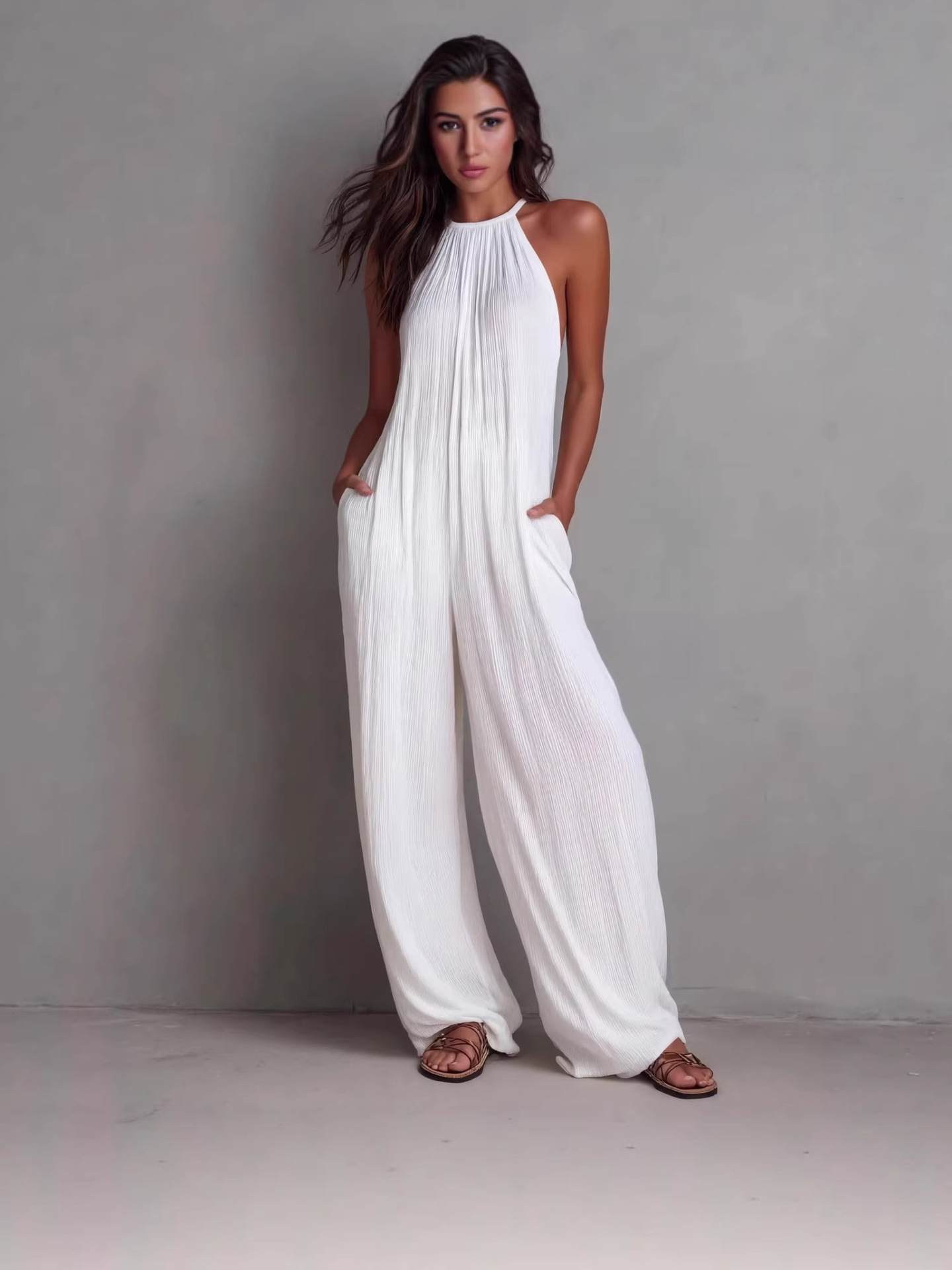 Cross-Border Foreign Trade Women's Clothing European And American Style Halter Neck Sleeveless Vacation Style White Pleated Backless Wide-Leg Jumpsuit — image 6 of 10