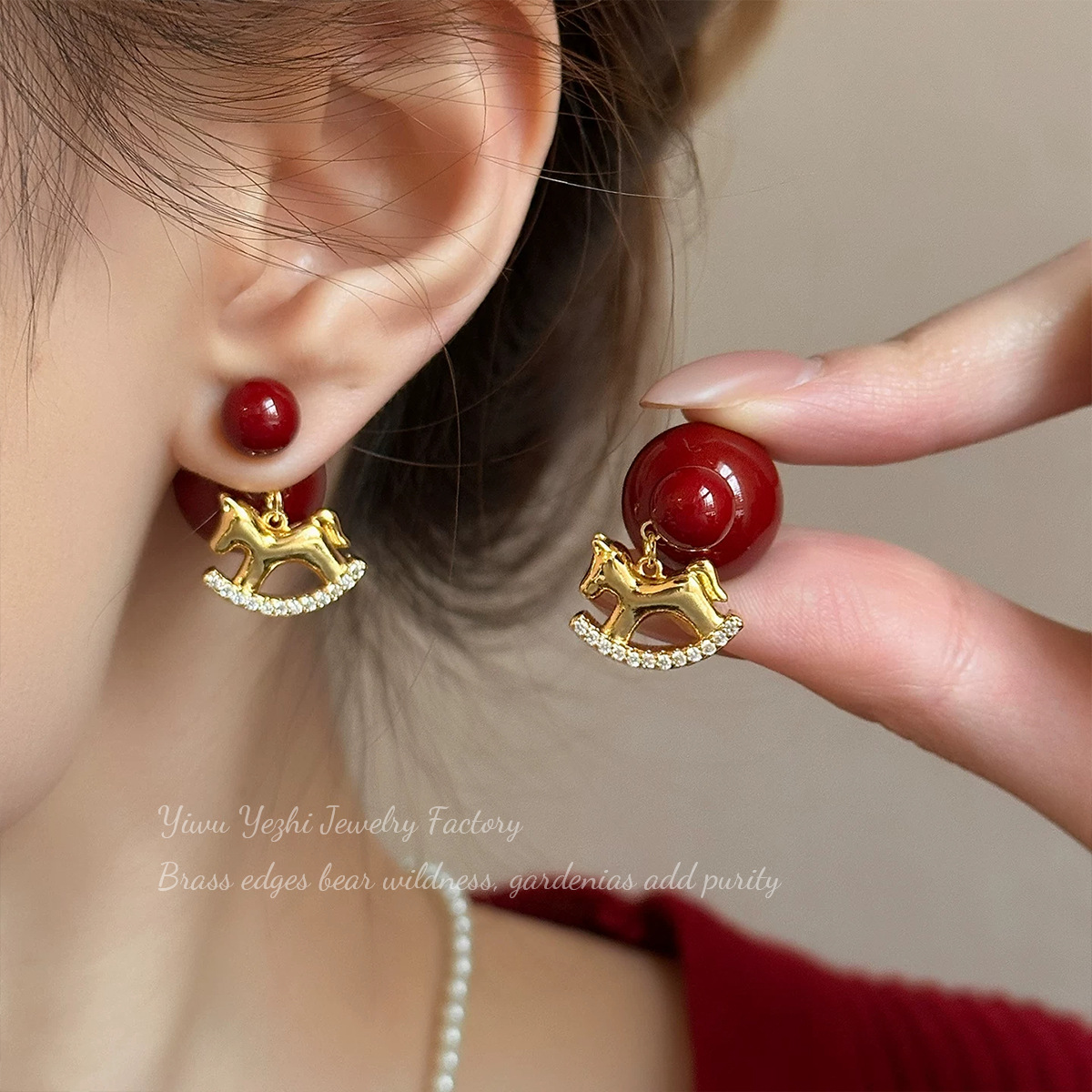 Retro Ankora Red Bead And Diamond-studded Dangling Earrings, A Delicate And Charming Design With A Touch Of Luxury, Perfect For Women Who Appreciate Unique And High-end Jewelry