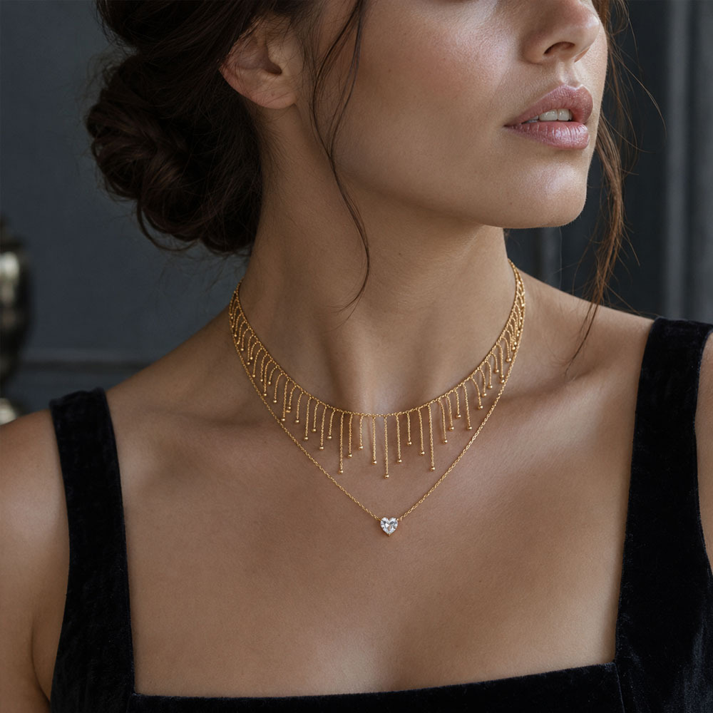 Womens Double Layered Tassel Heart Pendant Choker