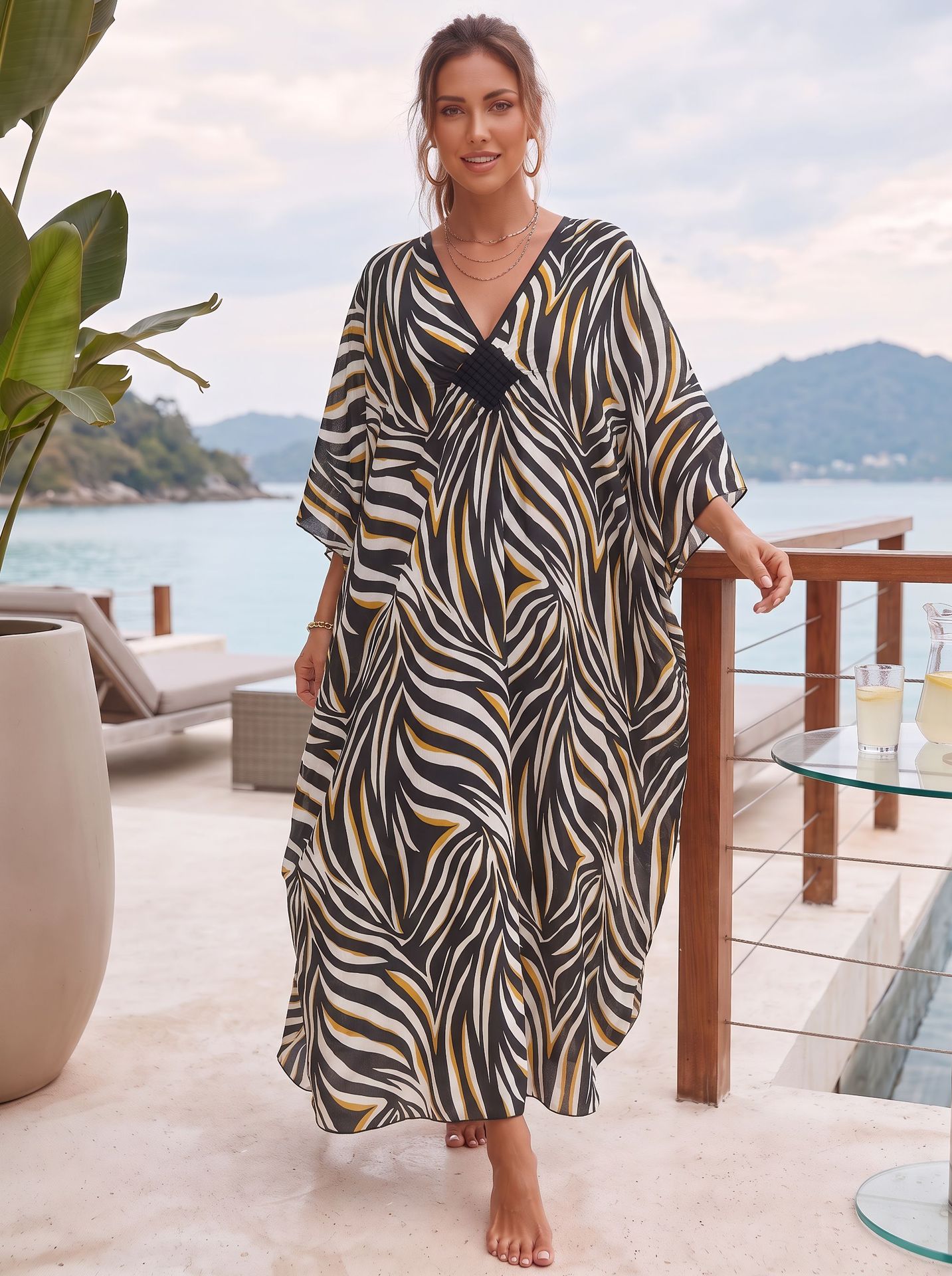 Women V Neck Batwing Sleeve Caftan Beach Vacation Bikini Swimsuit Cover Ups