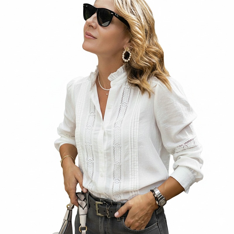 Tiktok Cross-Border European and American New Style Elegant Commuter Lace Patchwork Stand Collar Hollow Long-Sleeve White Shirt Women's Early Autumn Fashion