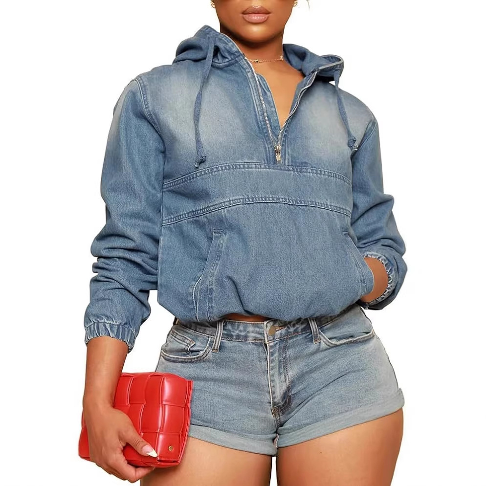 Cross-Border European And American Women's Denim Hooded Long-Sleeve Jacket, Loose Casual Washed Zipper Irregular Sweatshirt, Street Style product image