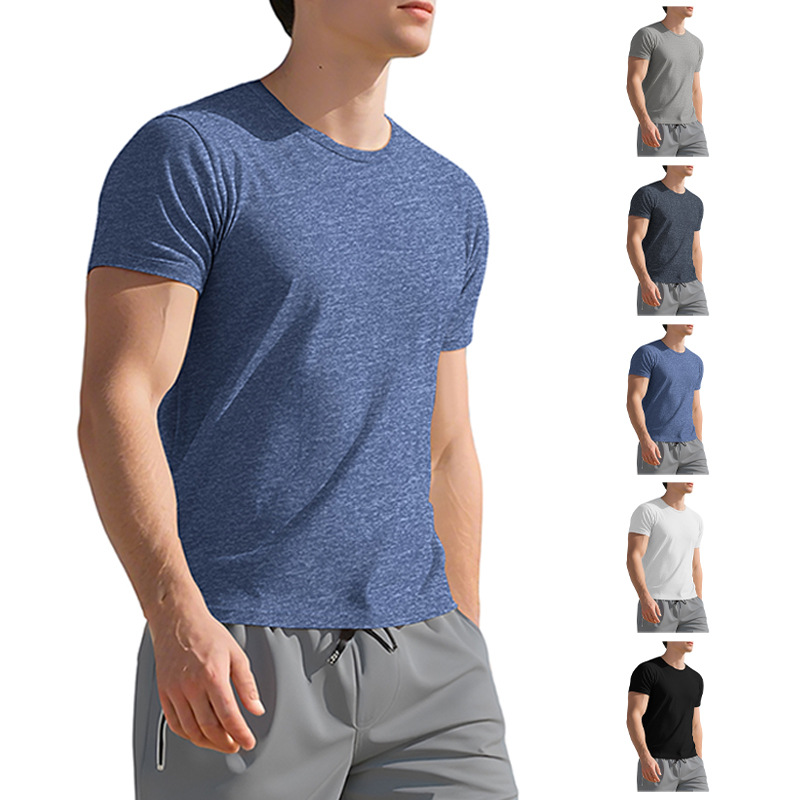 Men's Summer Round Neck Top Foreign Trade Breathable Amazon European Size Casual Slim-fit Sports Solid Color T-shirt For Men