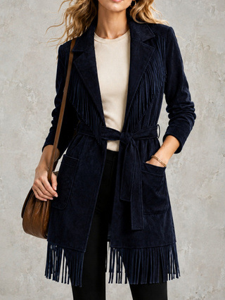 Women Faux Suede Fringe Trench Coat, Lapel Collar Self Tie Belt Long Sleeve Mid Length Open Front Outerwear Jacket With Pockets
