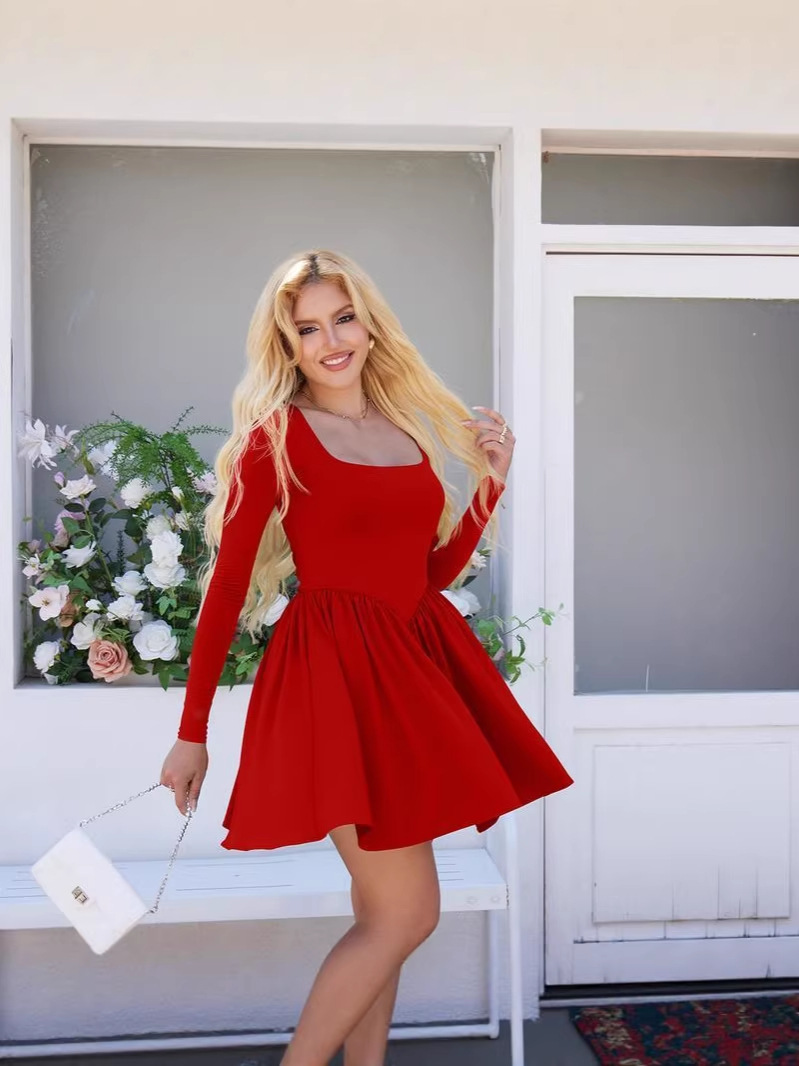 2026 Cross-Border European And American Fashion Spicy Girl Style Patch Pocket Slim Fit Square Neck Knitted Tie Long Sleeve Dress High-End Short Dress