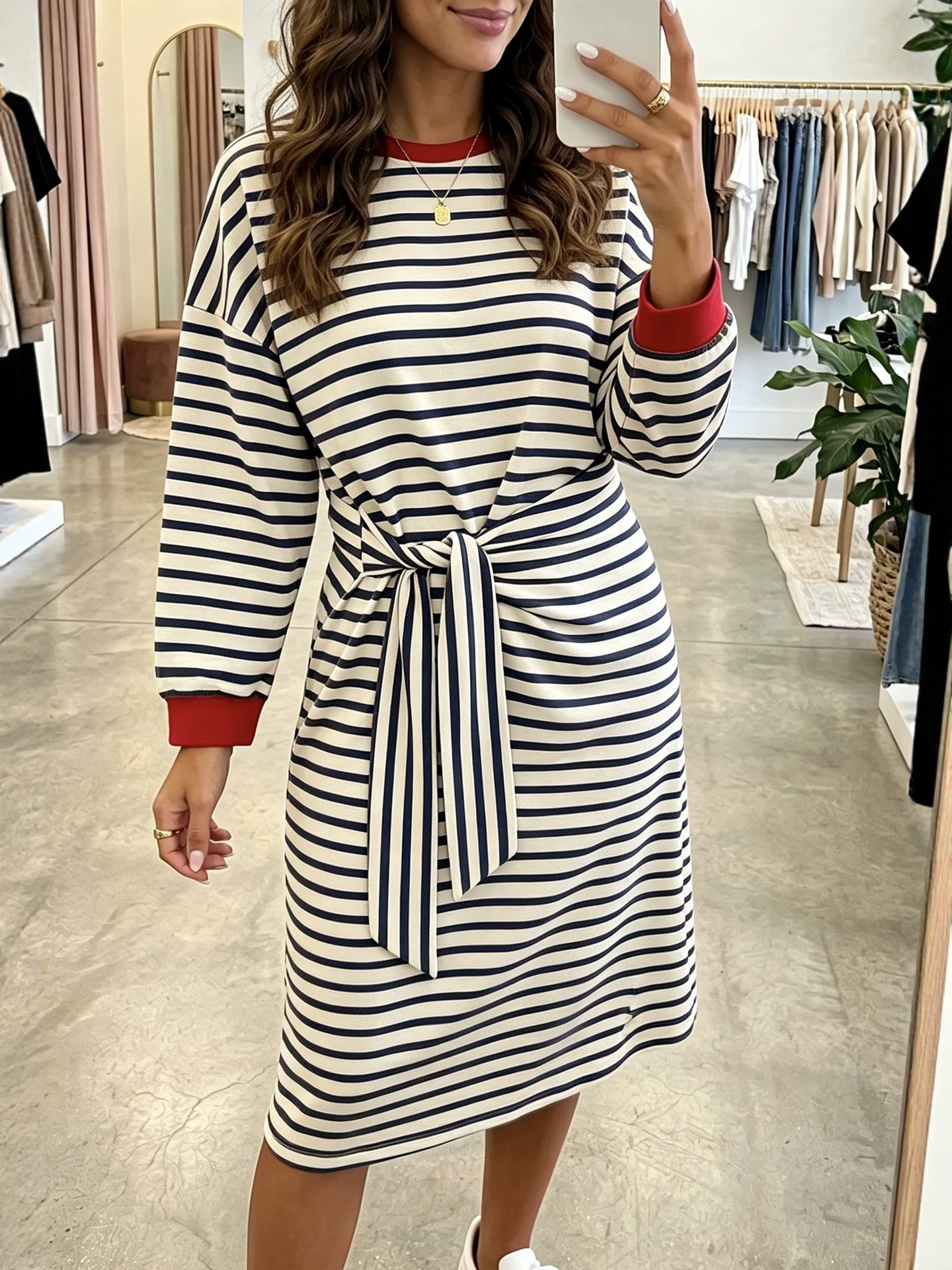 2026 New European And American Amazon Independent Station Autumn-Winter Striped Patchwork Long-Sleeve Loose Women's Dress Slimming