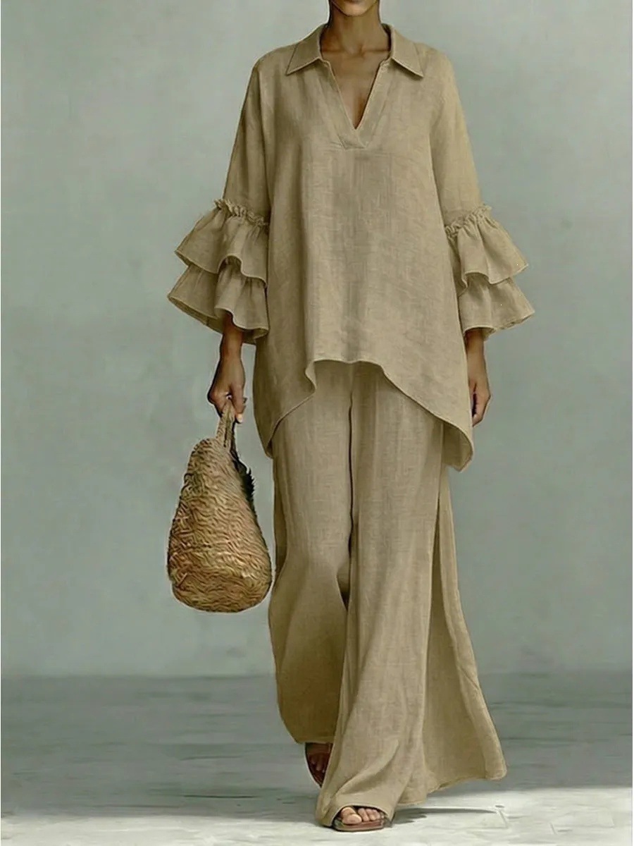 Women Casual Matching Set Lapel V Neck Ruffle 3 4 Sleeve Irregular Tops Wide Leg Long Pants 2 Piece Tracksuit Outfits
