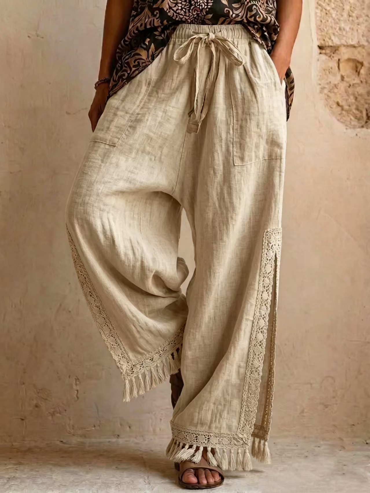 Women's lace tassel pants – size and fit reference flat lay