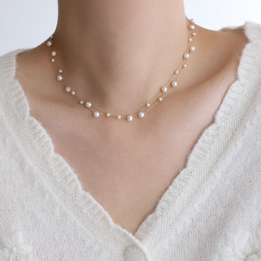 Mermaid Bubble Beads Double Circle Gypsophila Pearl Clavicle Chain Short Necklace Titanium Steel