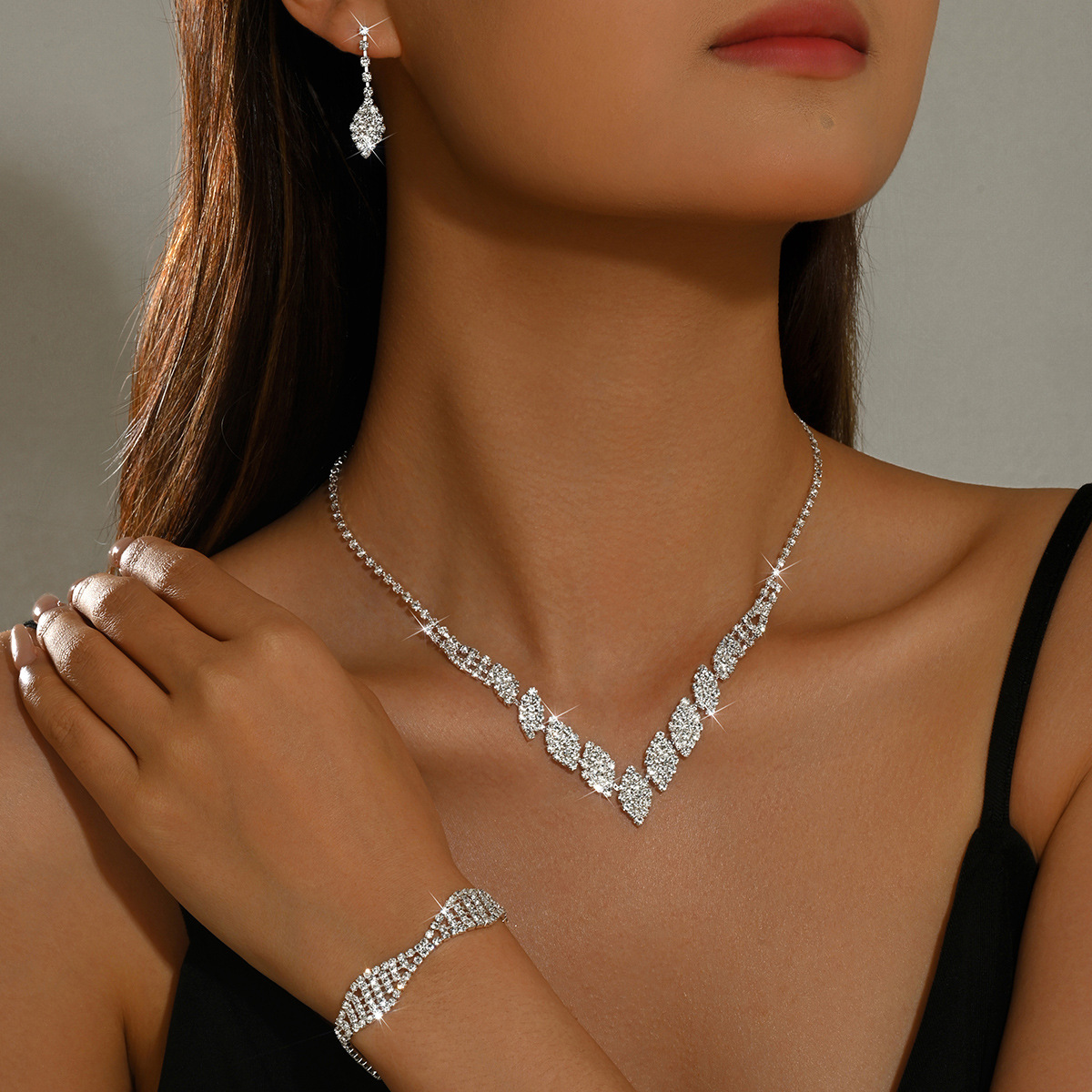 Women Leaf Rhinestone Jewelry Set, Necklace Earrings