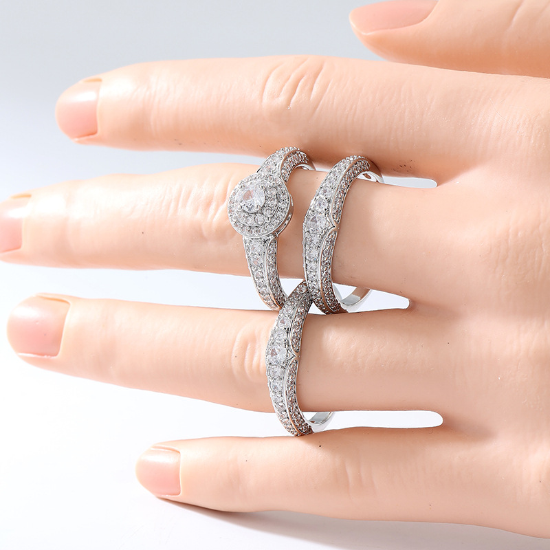 Three Piece Crystal Ring Set Silver Tone Brass Women Wedding Stackable Fashion Jewelry Elegant Sparkling