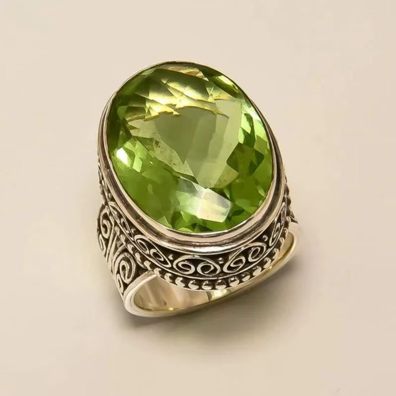 Yingqi European And American Cross-Border Retro Natural Emerald Silver-Plated Art Carved Unisex Fashion Ring