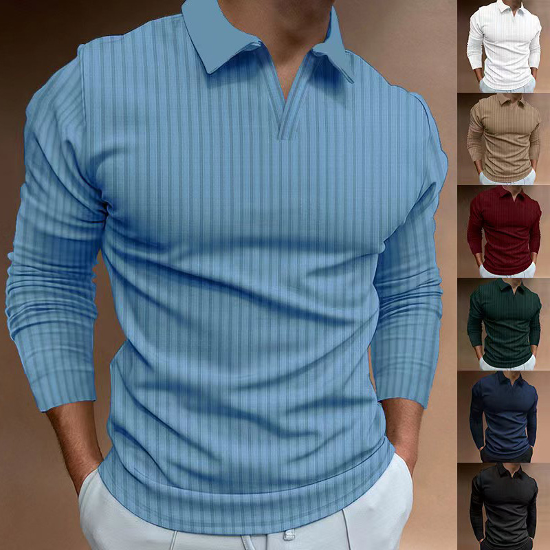European Size Cross-Border Trade Wish Men's Spring And Autumn Sports Fitness Casual Turn-Down Collar Elastic Vertical Stripe V-Neck Long-Sleeve Men's Shirt product image