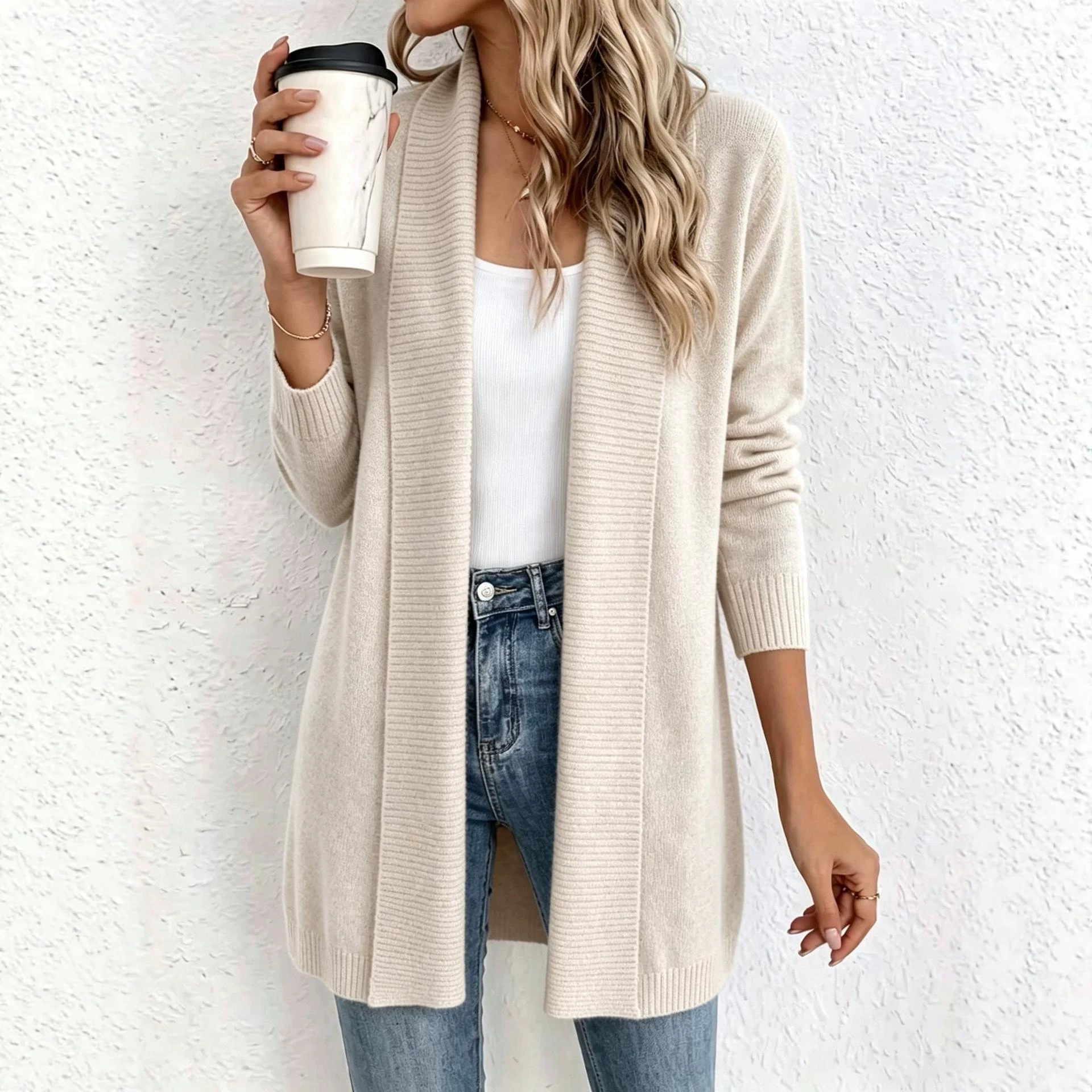 Women's Shawl Collar Long Knit Cardigan, Open Front Long Sleeve Loose Fit Sweater Coat, Casual Fall Winter Solid Color Outerwear