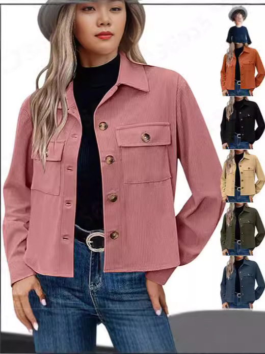 Women Casual Corduroy Button Down Cropped Jacket Fashion Short Top