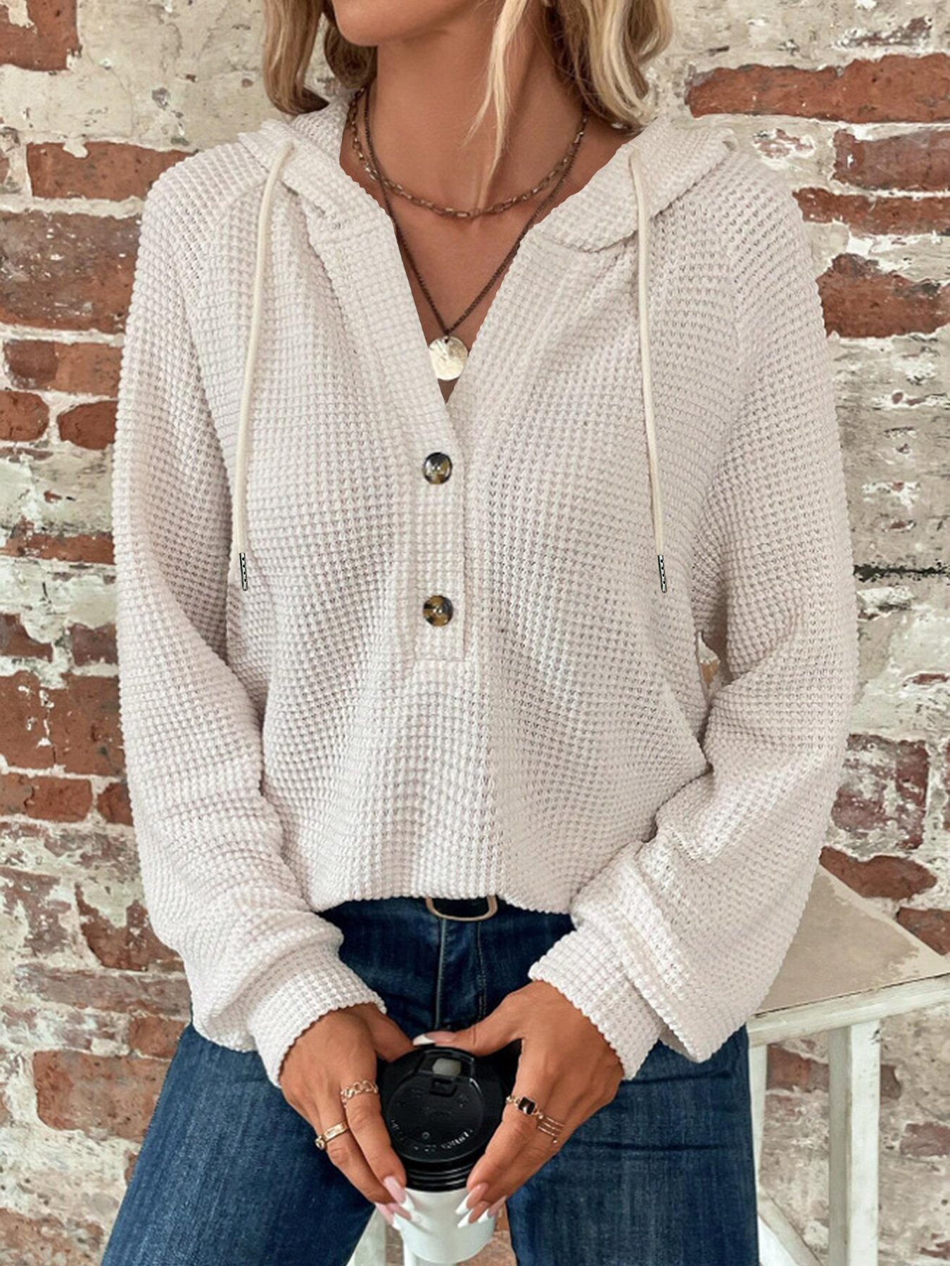 European And American Style New Fall And Winter Solid Color Hooded Button Loose Long-sleeve Sweatshirt For Women — image 7 of 9