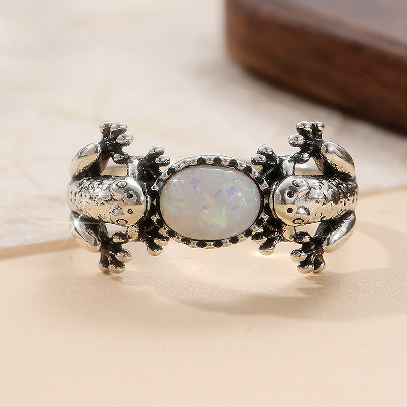 Vintage Frog Iridescent Stone Ring Silver Tone Brass Women Animal Statement Party Fashion Jewelry Artistic 3