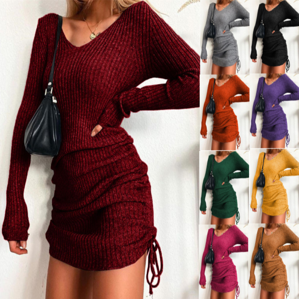 Knitted Sweater V Neck Long-Sleeved Autumn And Winter Sexy Slim Threaded Skirt Pleated Drawstring Bottoming Skirt