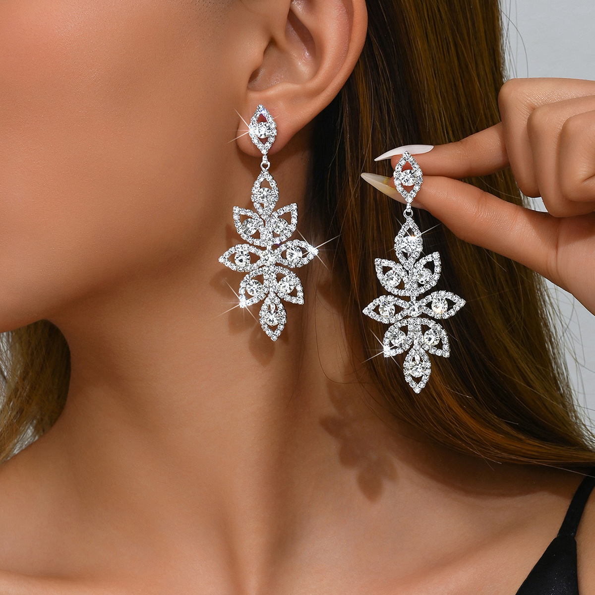 Ins European And American Fashion Long Leaf Tassel Earrings For Women, Light Luxury, High-End, Full Diamond, Elegant Long Earrings product image