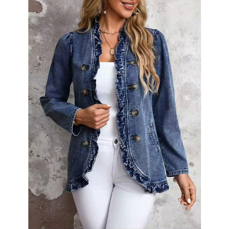 Cross-border European And American Deep Blue Wood-ear Double-breasted Denim Jacket Bubble Sleeve Collar Short Retro Elegant Jacket product image
