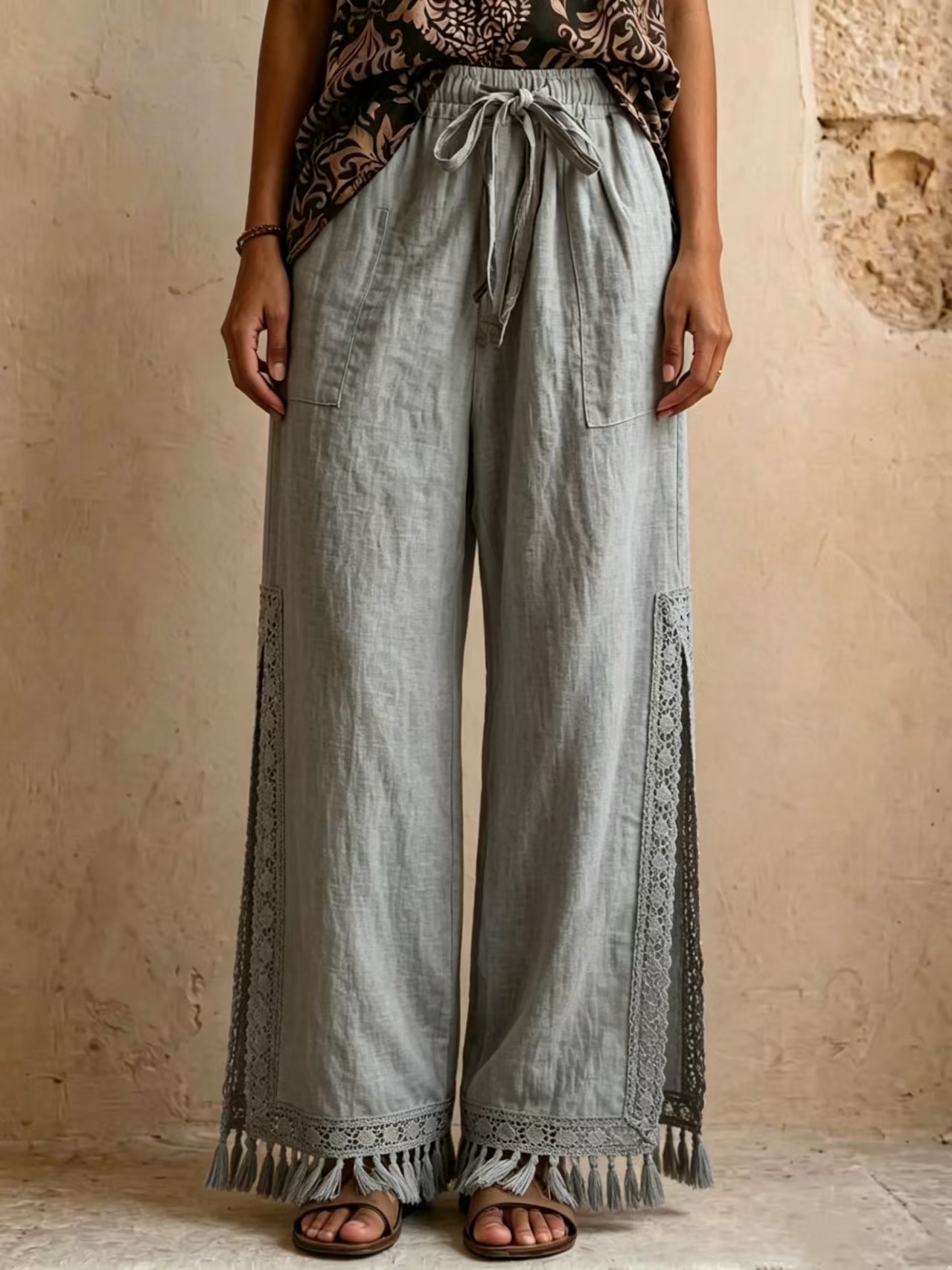 Women's bohemian resort pants – side slit detail and lace tassel hem