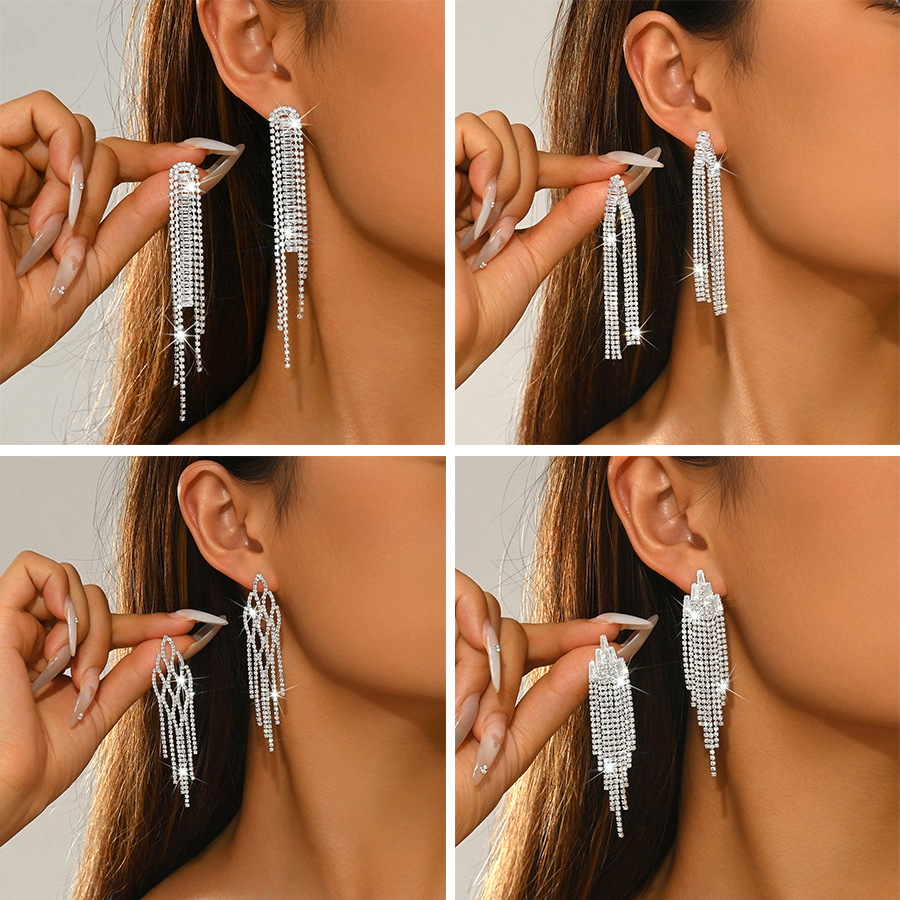 Women Multi-layer Long Tassel Drop Earrings, Clear Cubic Zirconia Full Paved Gold Plated Formal Party Ear Jewelry