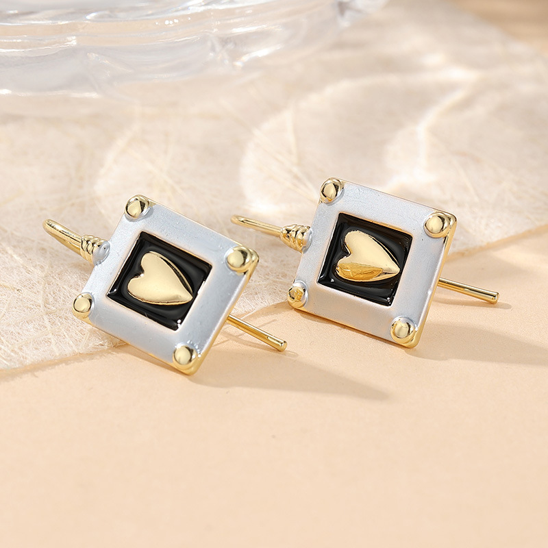 Vintage Black Heart Rectangle Drop Earrings Silver