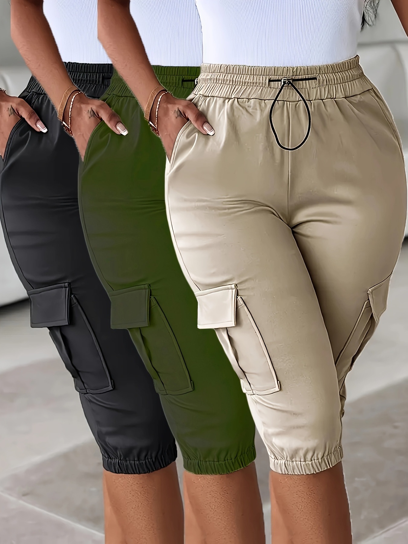 2026 New Style Elastic Waist Slim-Fitting Casual Elasticized Waistband Leg With Multiple Pockets Solid Color Shorts