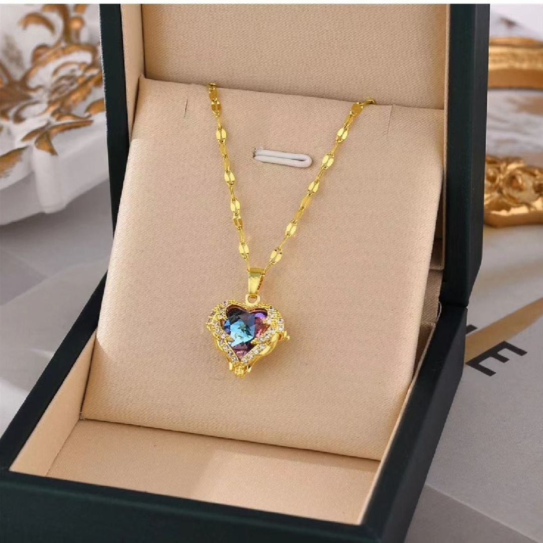 Cross-border Titanium Steel Ocean Heart Titanium Steel Necklace Women's Full Diamond Colorful Crystal Pendant Clavicle Chain Trend Does Not Fade product image