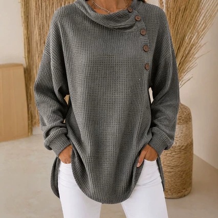 Women Solid Waffle Knit Pullover Tops Cowl Neck Asymmetric Button Decor Long Sleeve Loose Curved Hem Casual Shirts