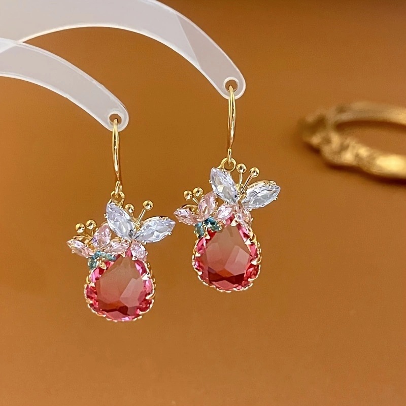 Rose Teardrop Butterfly Crystal Drop Earrings Gold Tone Brass Women Elegant Party Fashion Jewelry Sparkling