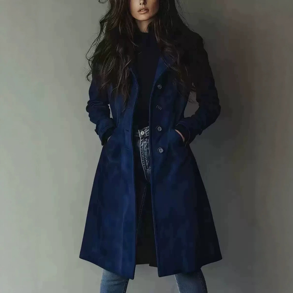 Amazon Cross-border European And American Long-style Lapel Buttoned Waist-cinching Women's Coat