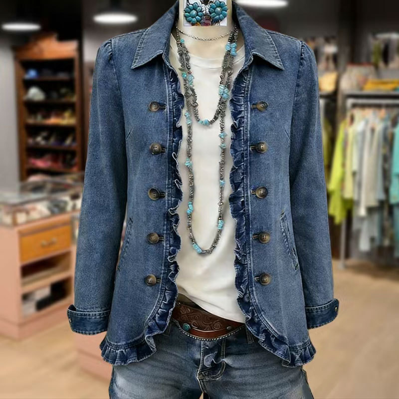 Exclusive Cross-border Supply Ruffled Hem Short Jacket With Turn-down Collar, Double-breasted Ruffled Coat, Spring Autumn Y2K Hot Girl Style product image