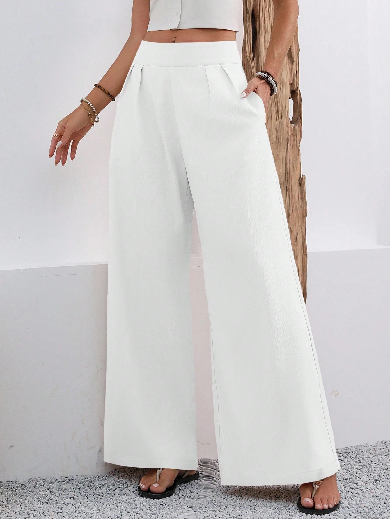 Pantalon large femme taille haute avec poches