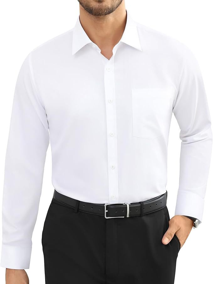 Amazon Men's Long-sleeved Dress Shirt Regular-style Stretch Wrinkle-free Business Casual Button Shirt With Pocket