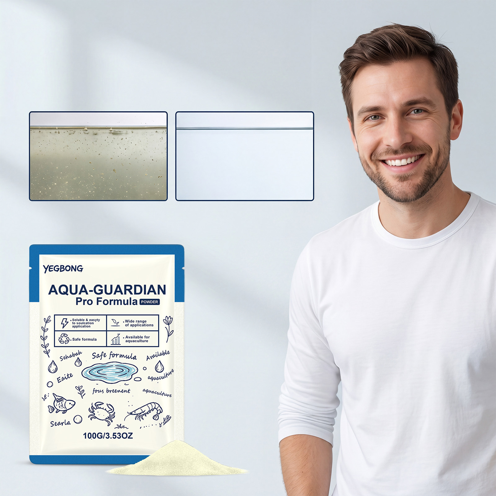 Yegbong Water Clarifying Powder Mildly Removes Impurities And Improves The Clarity Of Fish Tanks And Swimming Pools, Coagulates And Purifies Water Bodies