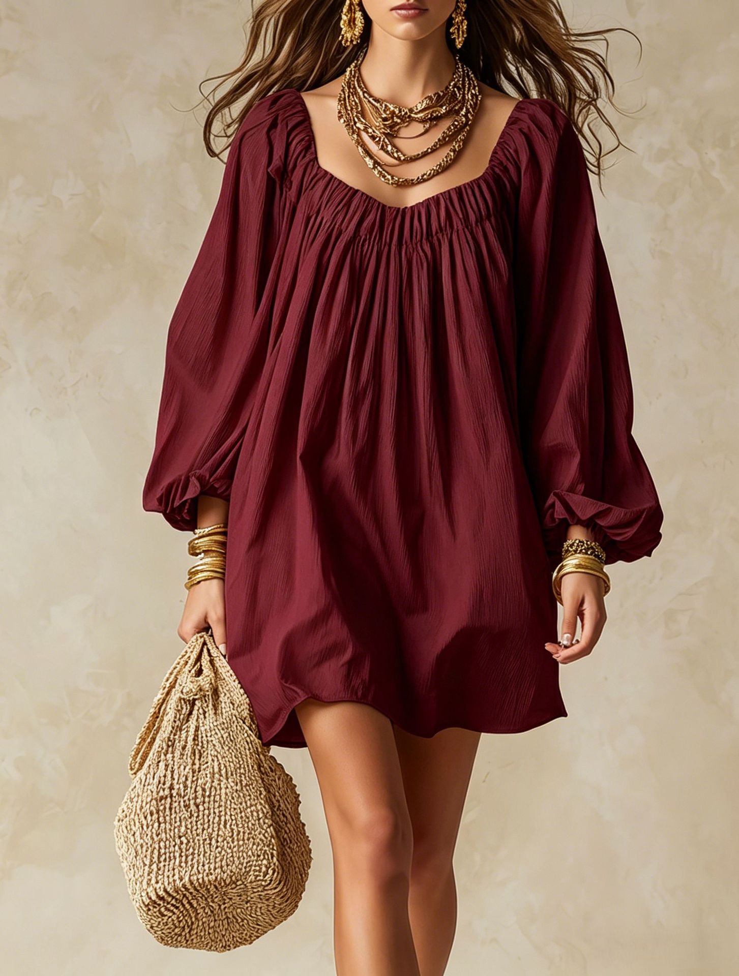 Bohemian Loose Lantern Sleeve Dress, Vacation Style