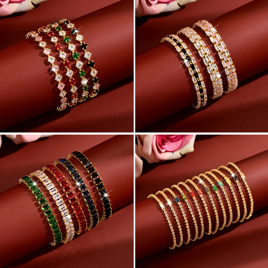 Women Elastic Single Row Baguette Cubic Zirconia Stackable Tennis Bracelet, Solid & Rainbow Multi Color Simula